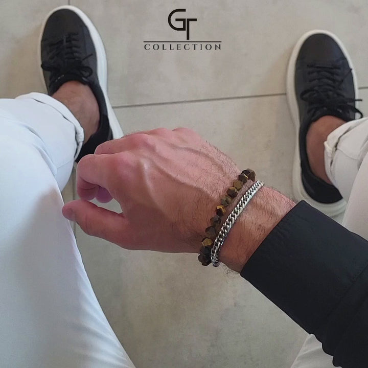 GT collection - moška fasetirana zapestnica iz perl rjavega tigrovega očesa