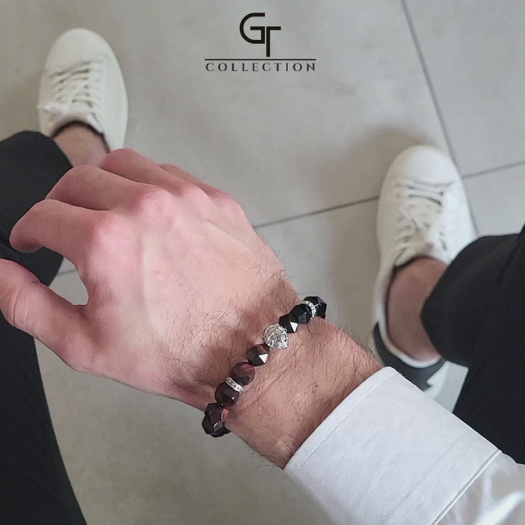 GT collection - moška zapestnica iz perl rdečega tigrovega očesa in črnega oniksa