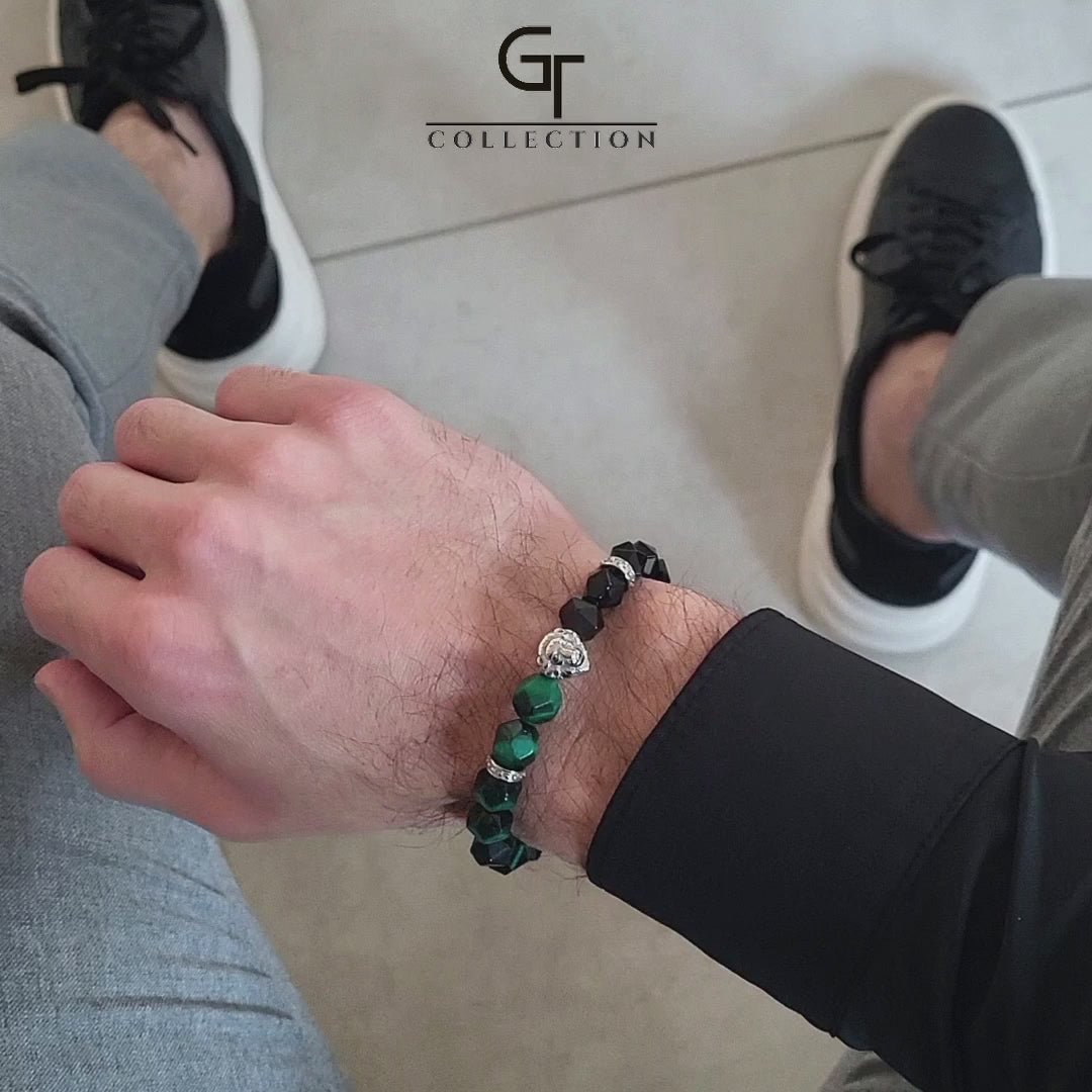 GT collection - moška zapestnica iz perl zelenega tigrovega očesa in črnega oniksa