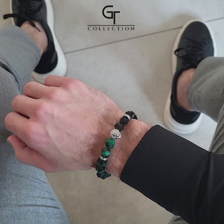 GT collection - moška zapestnica iz perl zelenega tigrovega očesa in črnega oniksa
