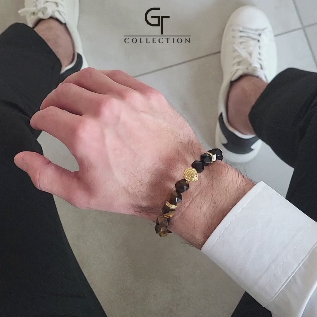 GT collection - moška zapestnica iz rjavega tigrovega očesa in črnega oniksa