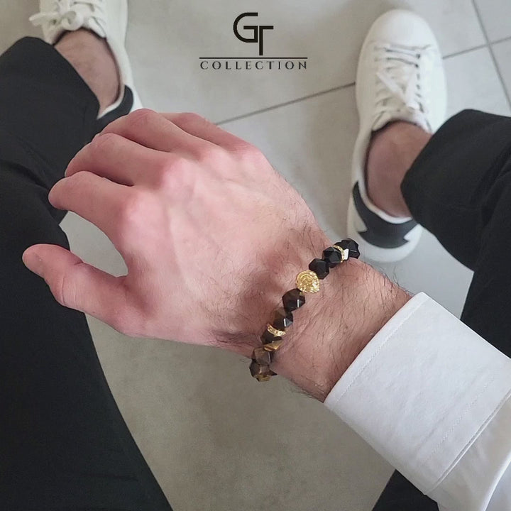 GT collection - moška zapestnica iz rjavega tigrovega očesa in črnega oniksa