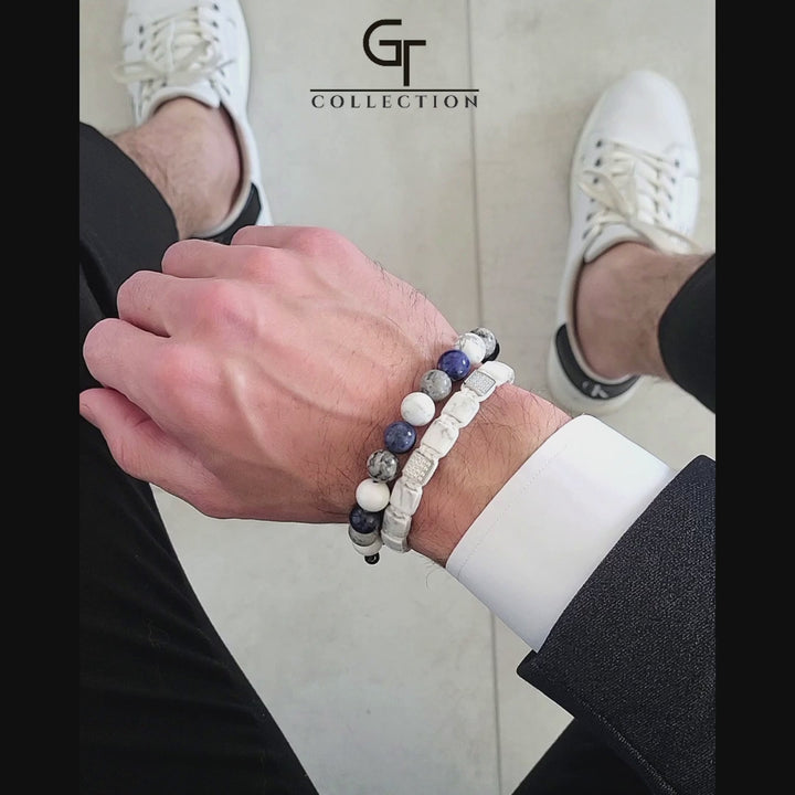 GT collection - moška zapestnica iz perl sodalita, belega hovlita in sivega jaspisa