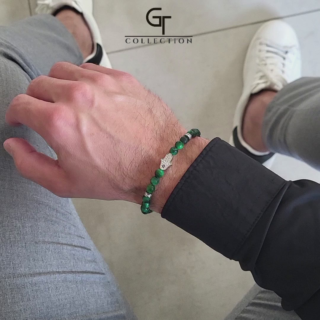 GT collection - moška zapestnica iz perl zelenega tigrovega očesa