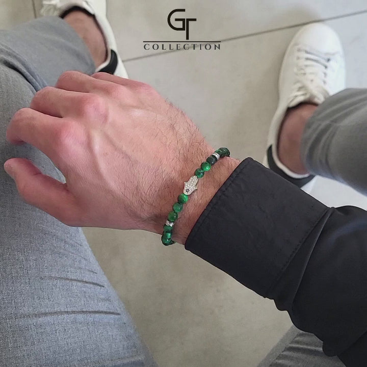 GT collection - moška zapestnica iz perl zelenega tigrovega očesa