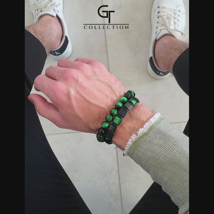 GT Collection – moška zapestnica iz perl zelenega tigrovega očesa